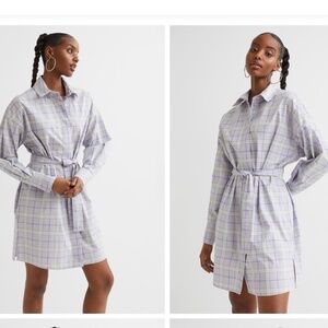 H&M/Divided Lavender Checked Cotton Tie-Belt Shirt Dress Sz M